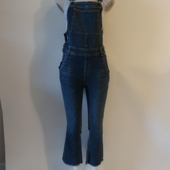 Womens Rag & Bone Paz Dark Blue Raw Hem Cropped Flared-Leg Jean Overalls SP * - Picture 8 of 9